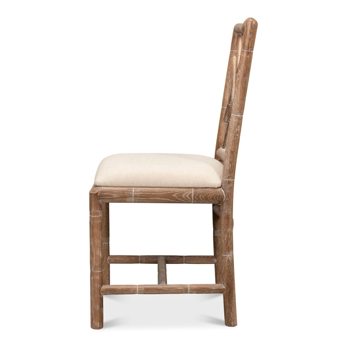 Side profile, side chair, beige seating, wooden frame.