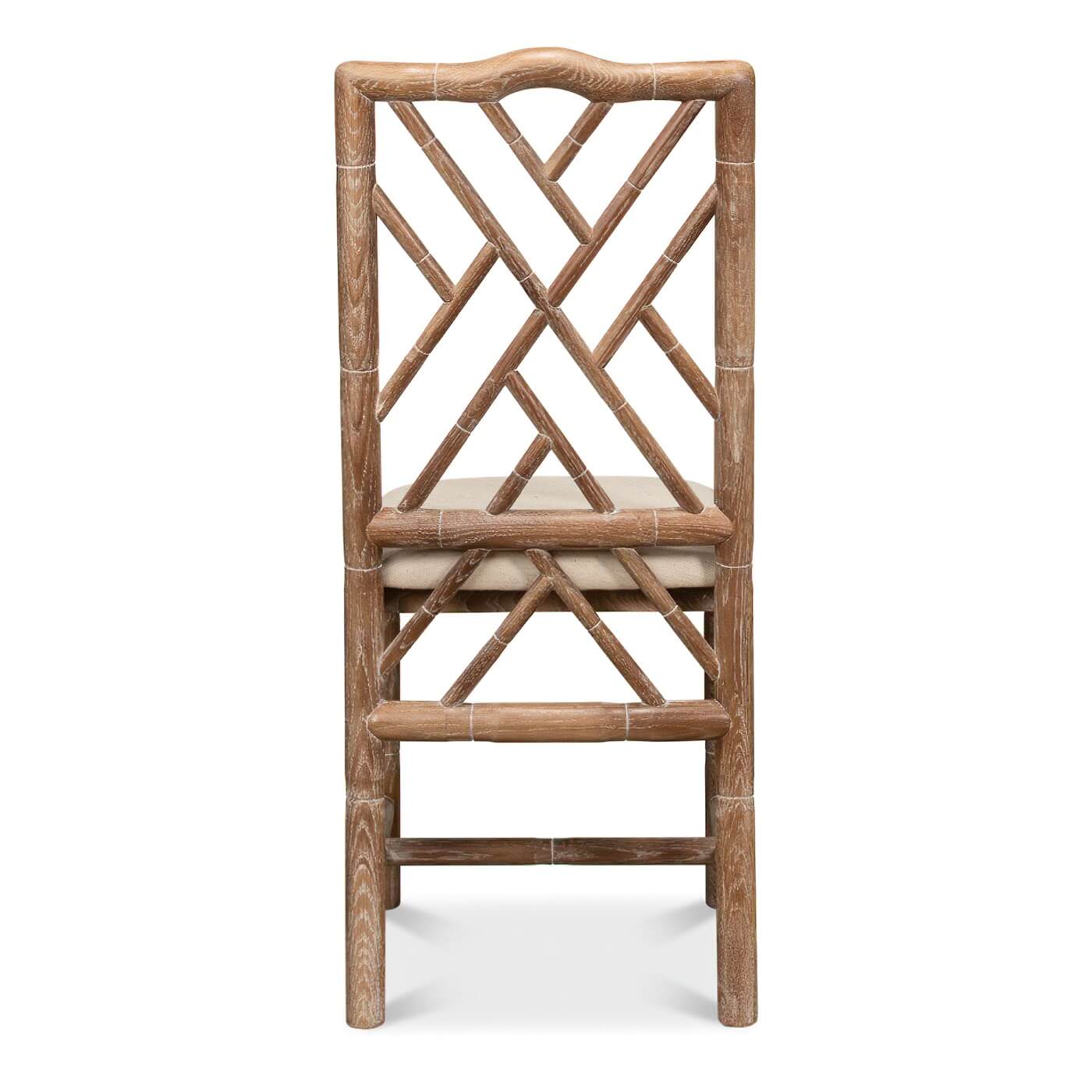 Back view, side chair, intricate faux bamboo lattice design.