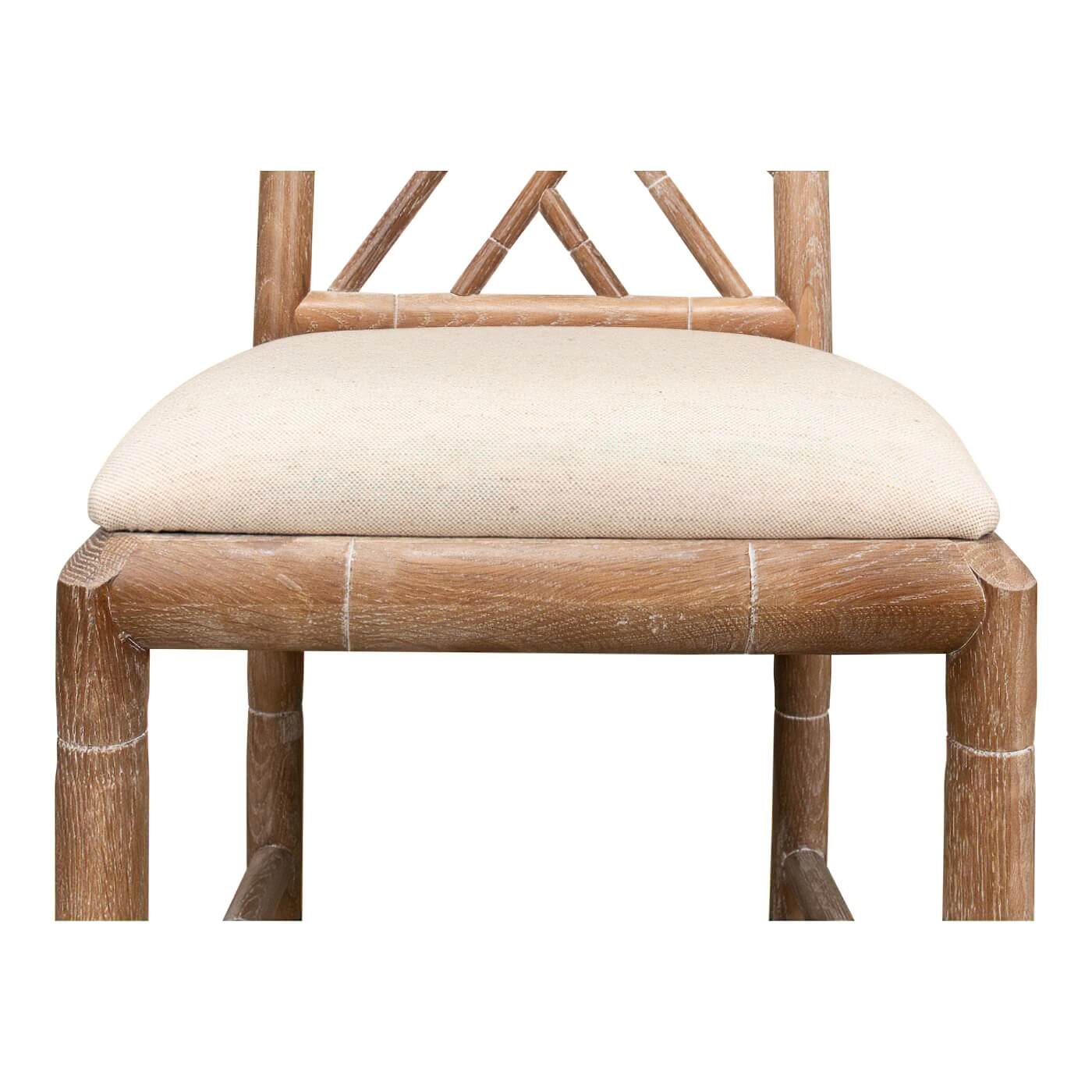 Front close-up, chair seat and frame, beige and wood.