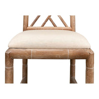 Front close-up, chair seat and frame, beige and wood.