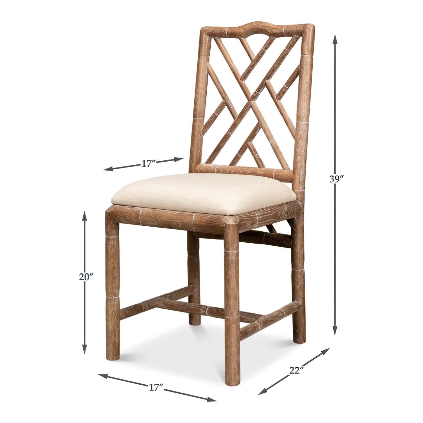 Dimensions shown for side chair, faux bamboo, beige cushion.