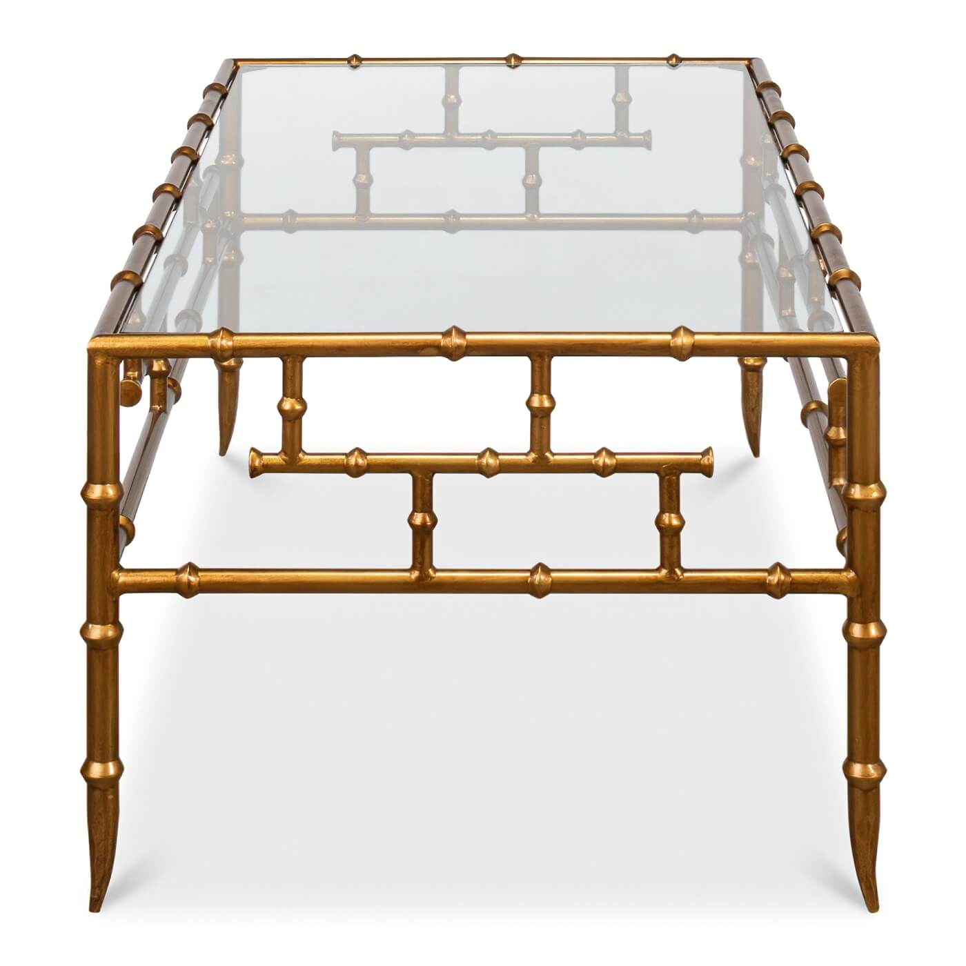 Side view of bamboo coffee table with glass top.
