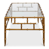 Side view of bamboo coffee table with glass top.