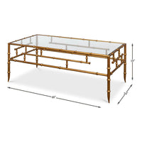 Glass top coffee table with dimensions, bamboo-style frame.