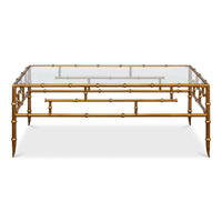 Front view of glass top bamboo coffee table.