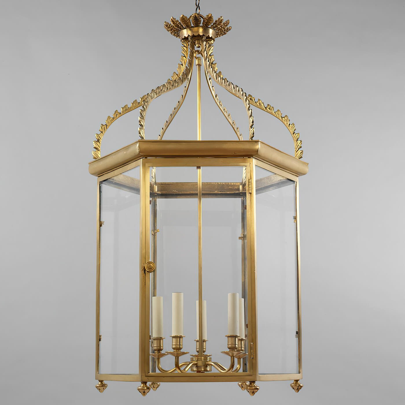 Gold regency hall lantern, side angle.