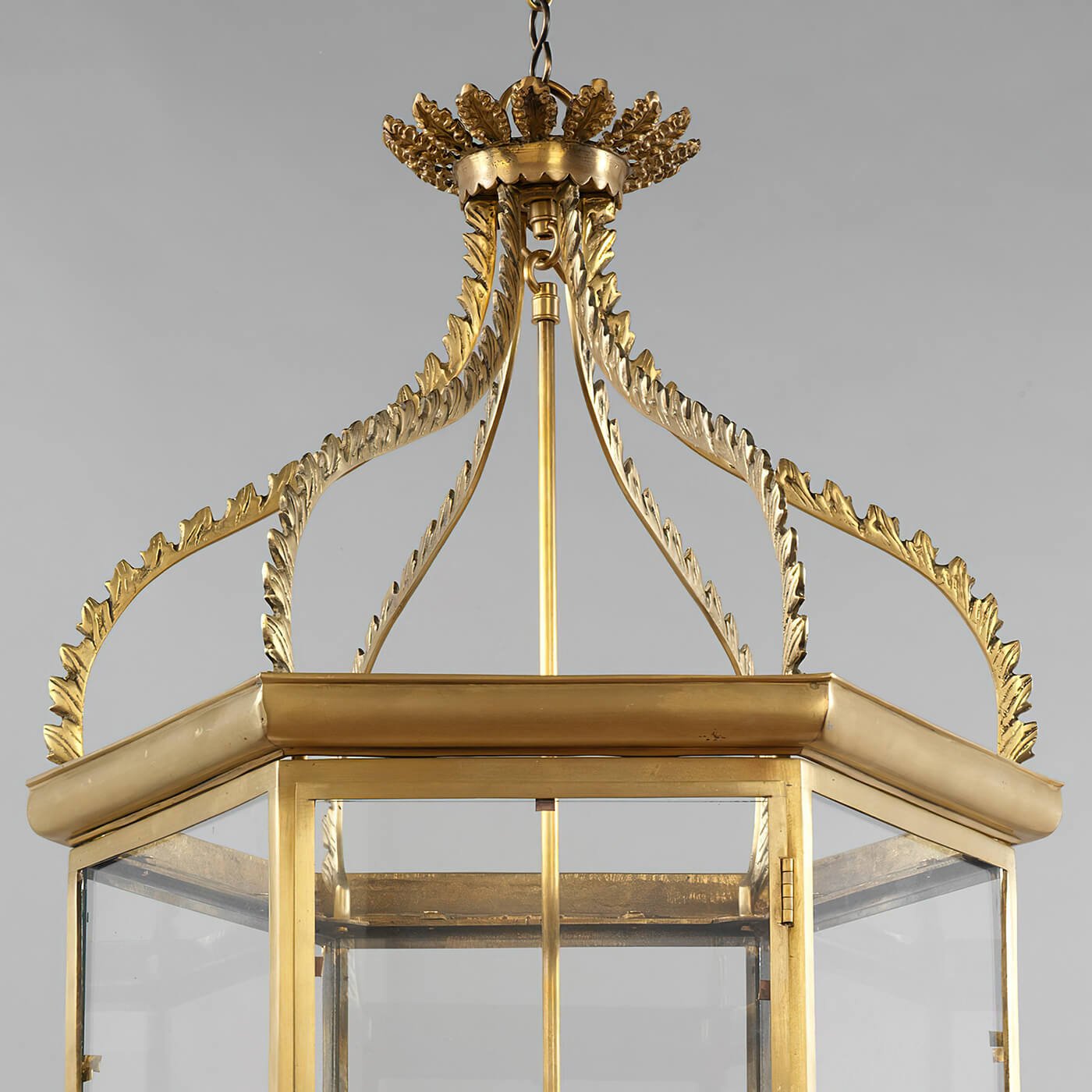 Detailed top view of gold regency hall lantern.