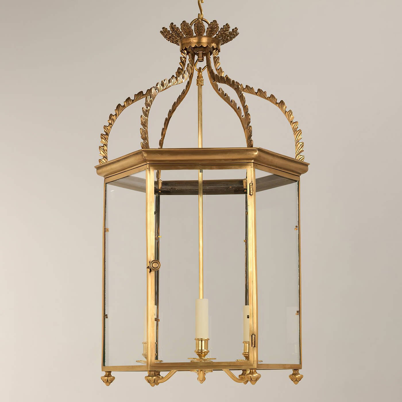 Medium Regency hall lantern, gold and glass in frame.