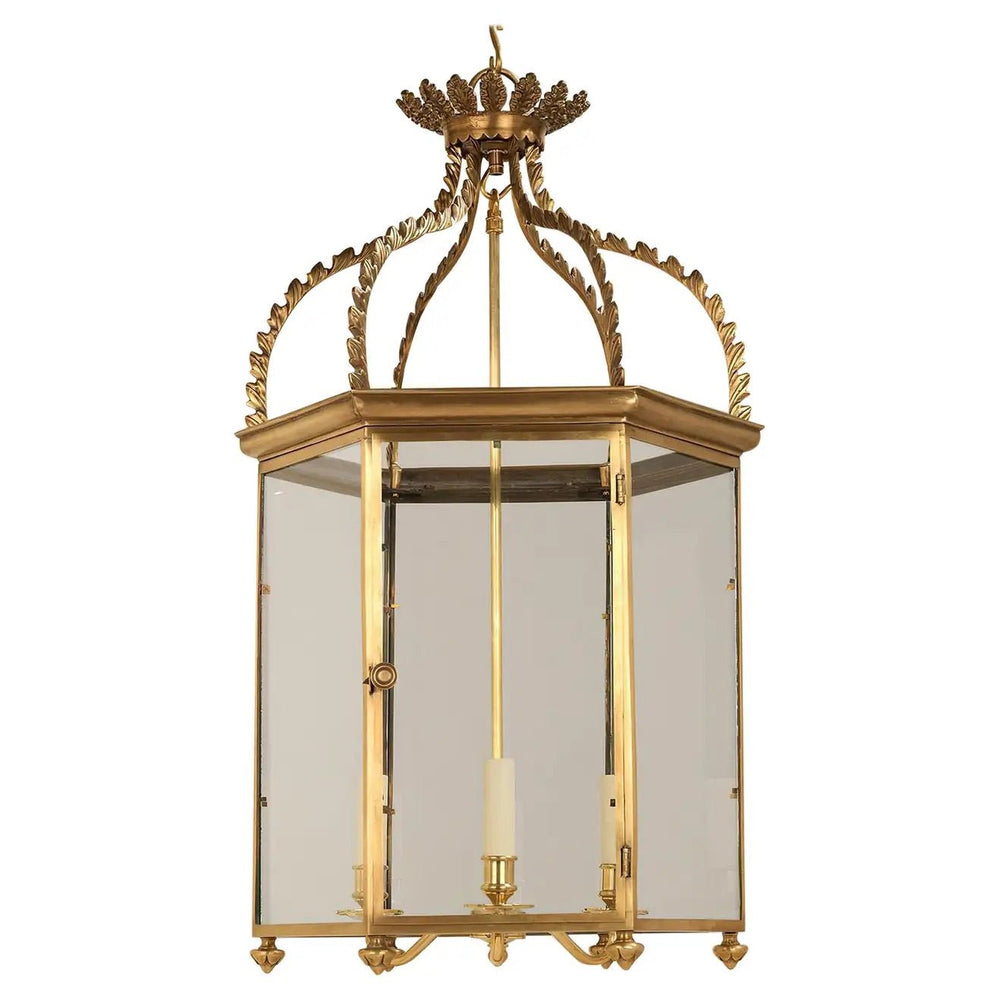 Gold Regency hall lantern with crown design top view.