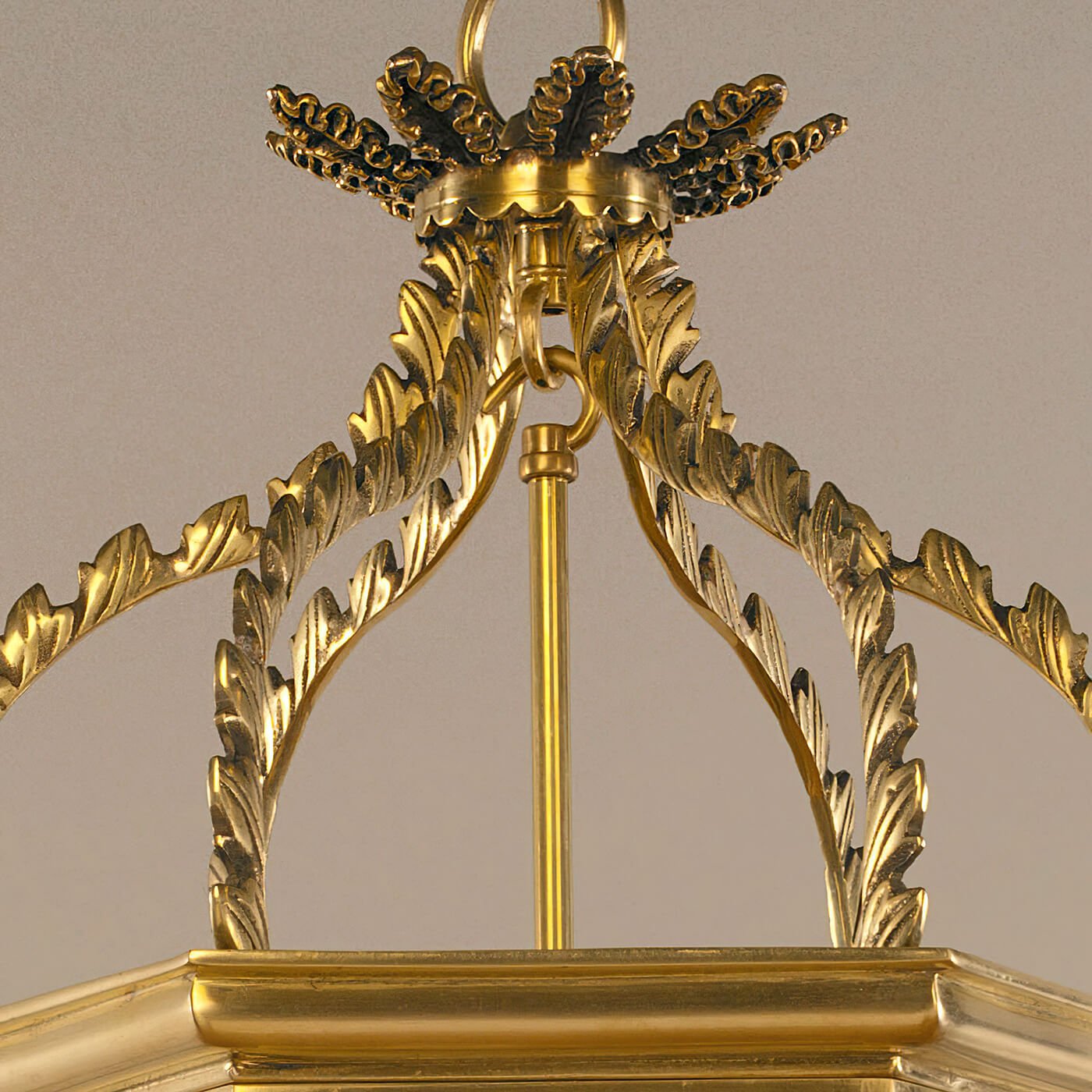 Detailed top of Regency Hall Lantern, ornate leaf design.