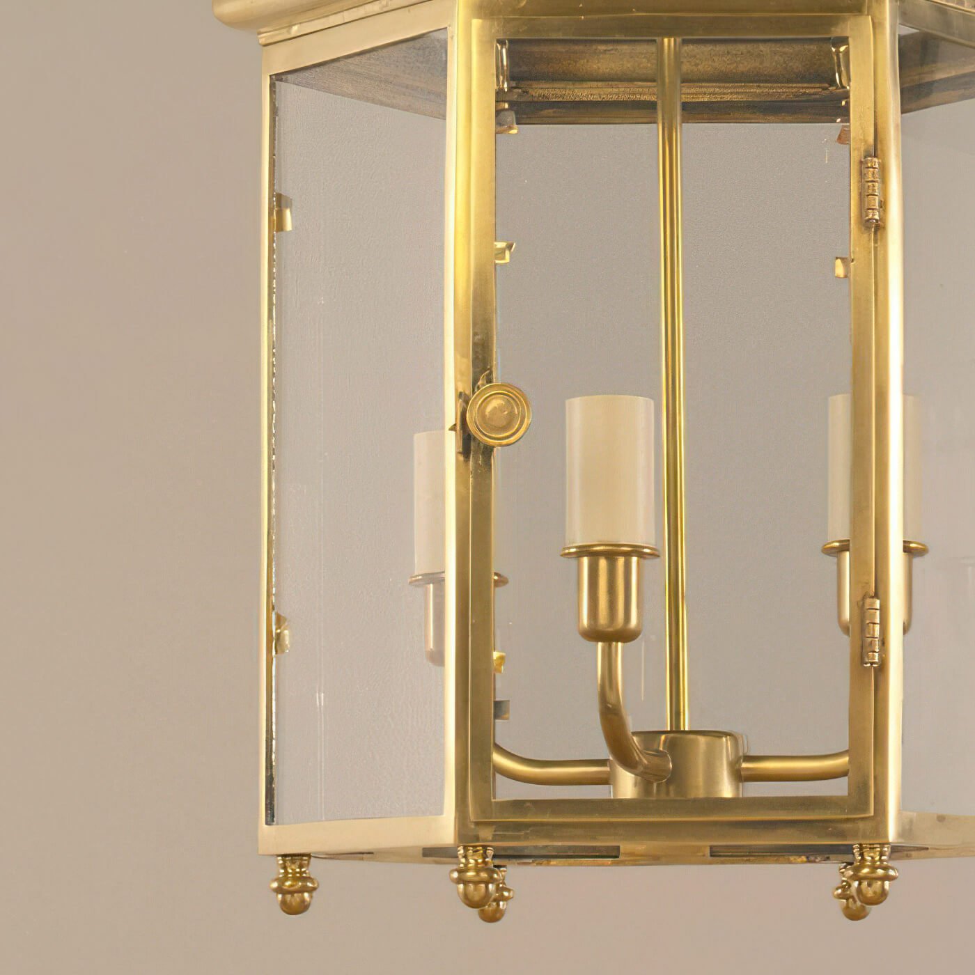 Close-up of Regency Hall Lantern, glass panels and bulbs.