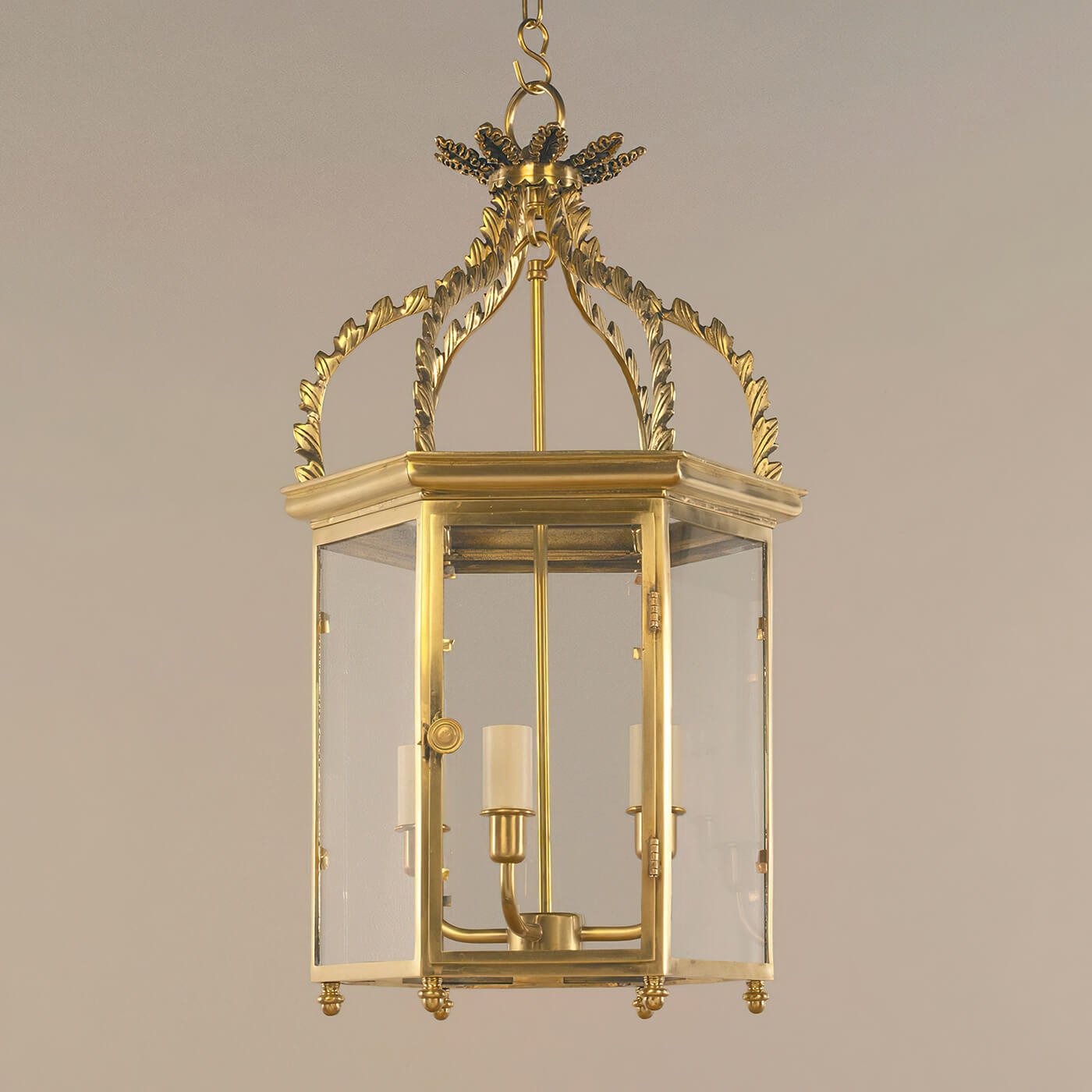 Elegant Regency Hall Lantern, front perspective, decorative top.