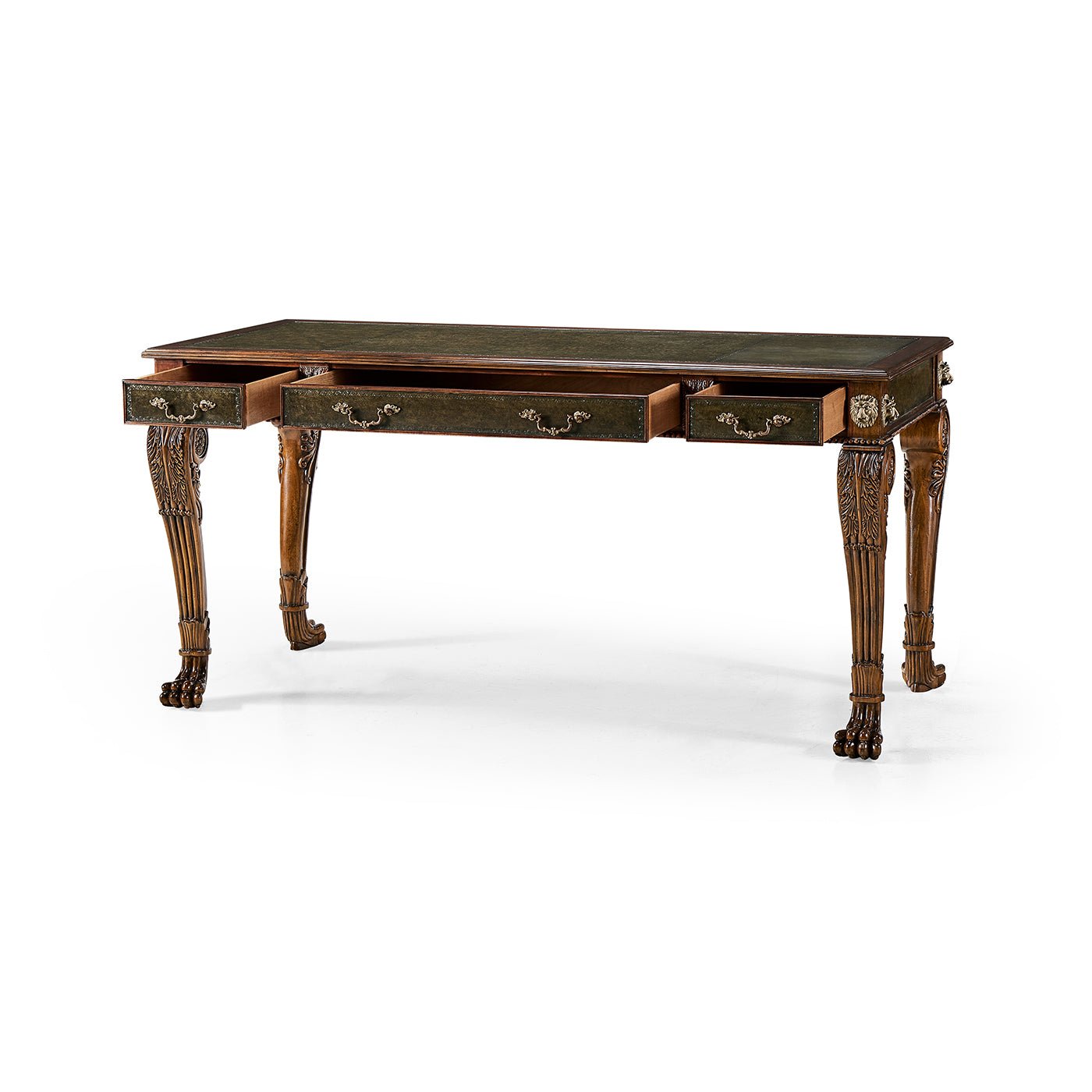 Regency leather top desk, open drawers, front view.