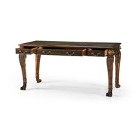 Regency leather top desk, open drawers, front view.