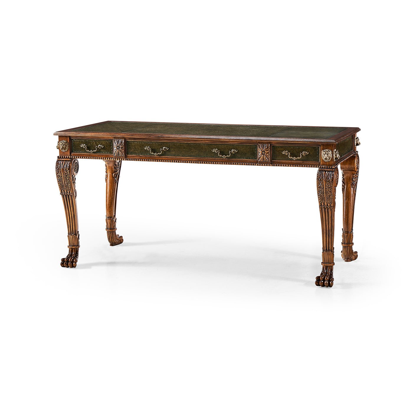 Regency leather top desk, full view, closed drawers.