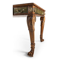 Angled view of Regency desk, decorative side detail.