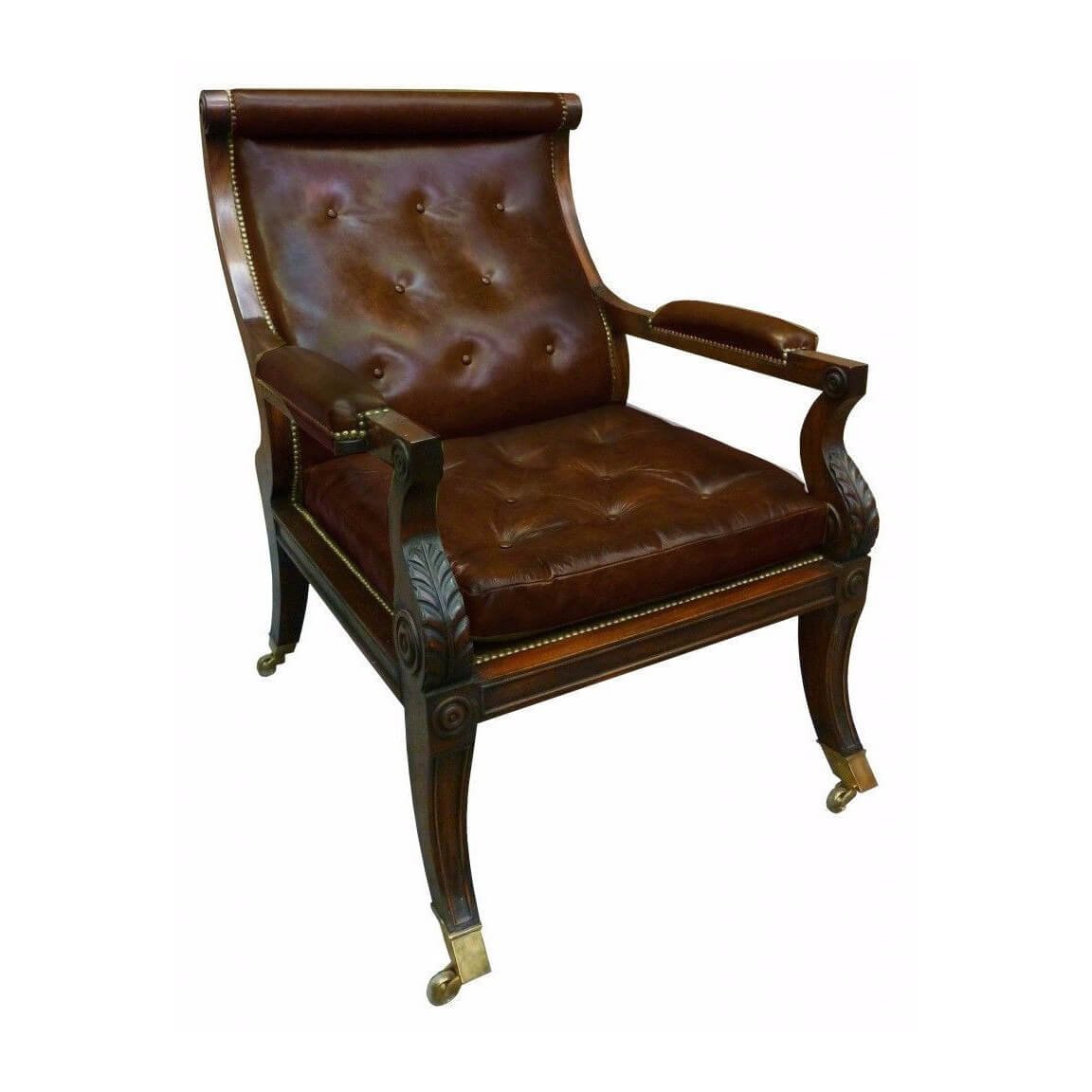 Regency Library Chair in deep-brown leather with detailed carvings.