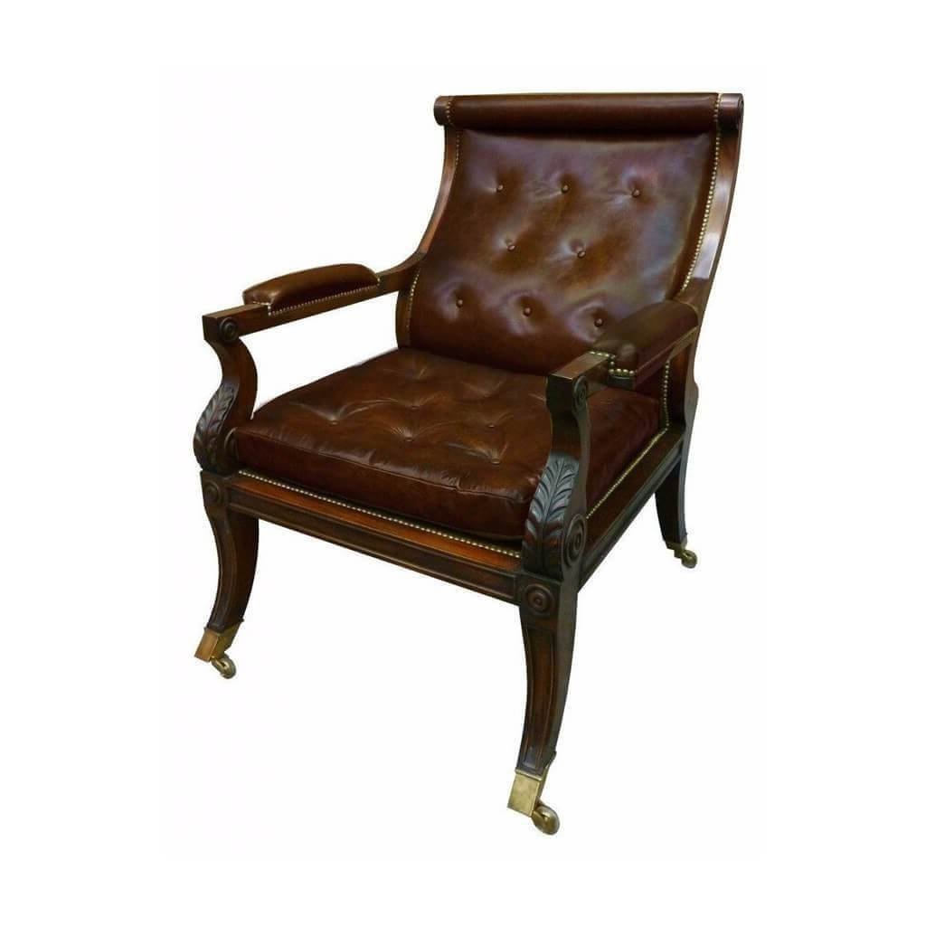 Regency Library Chair with tufted leather seat and arms.