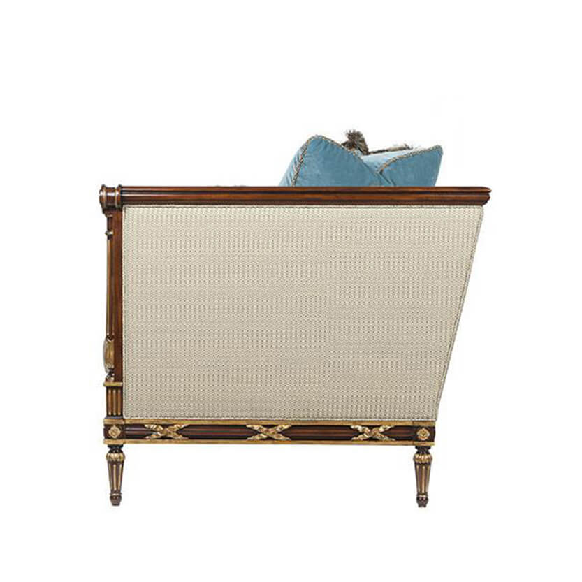 Side profile of Regency Long Sofa, detailed wood frame.