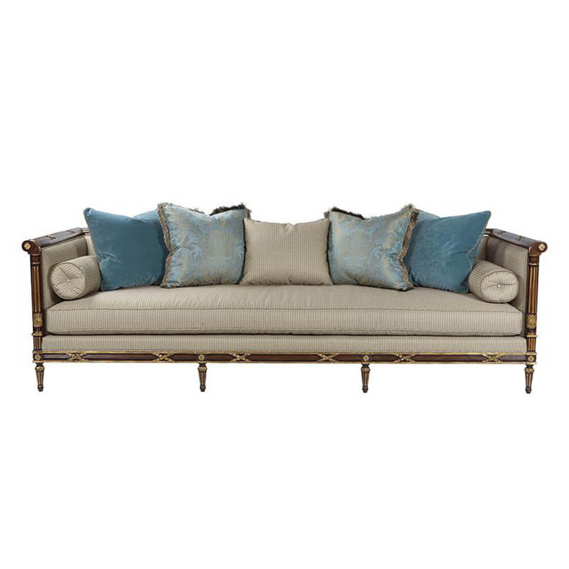Front view of Regency Long Sofa, decorative pillows included.