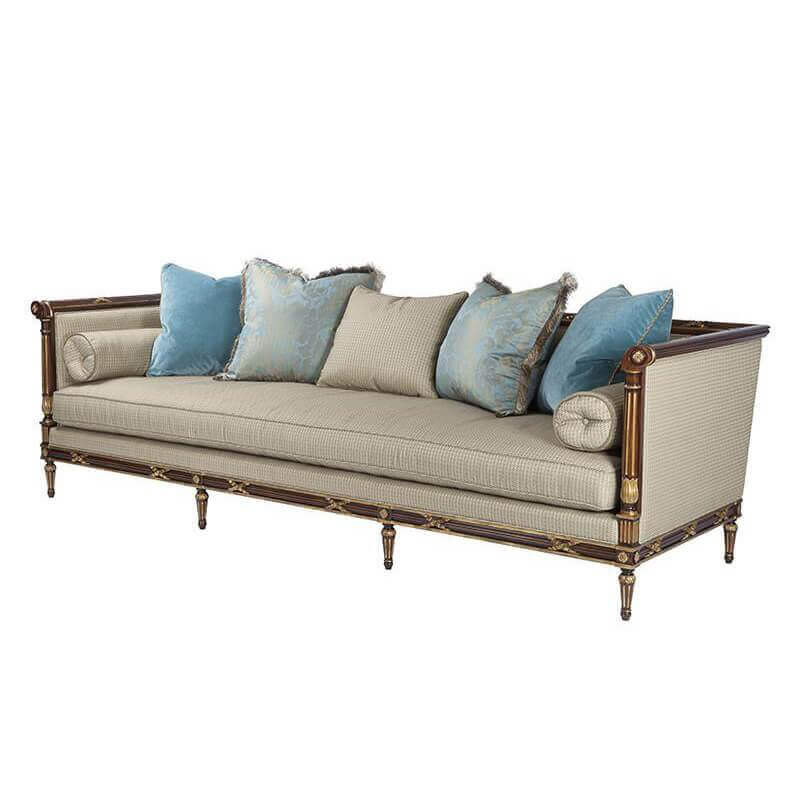 Regency Long Sofa with blue and beige cushions, angled.