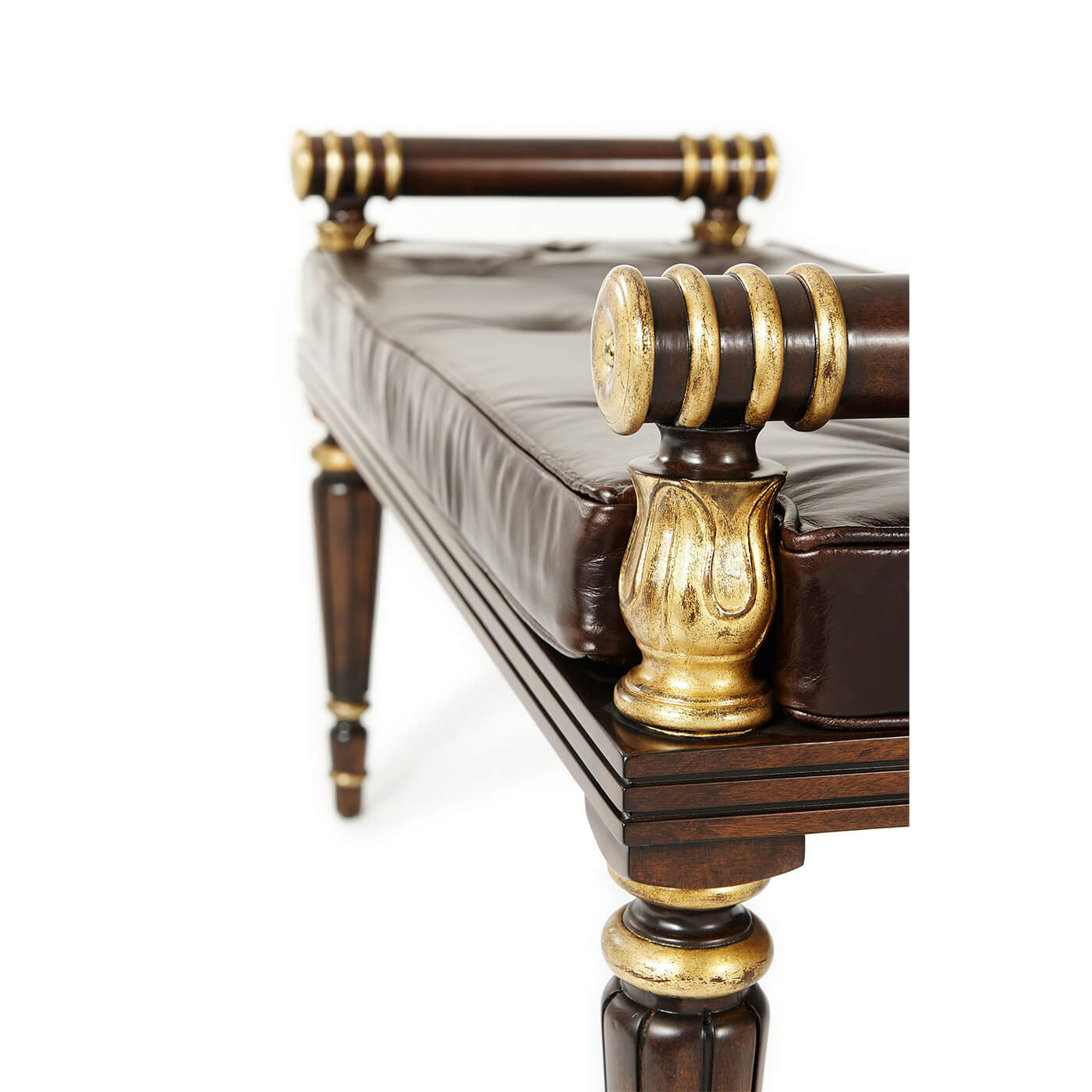 Close-up of armrest and cushion details on Regency bench.