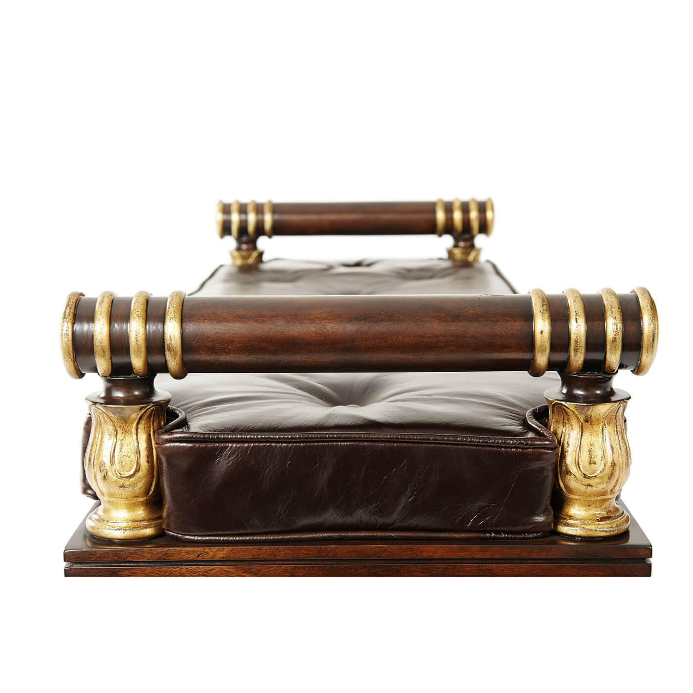 Top view of Regency bench, showcasing buttoned leather cushion.