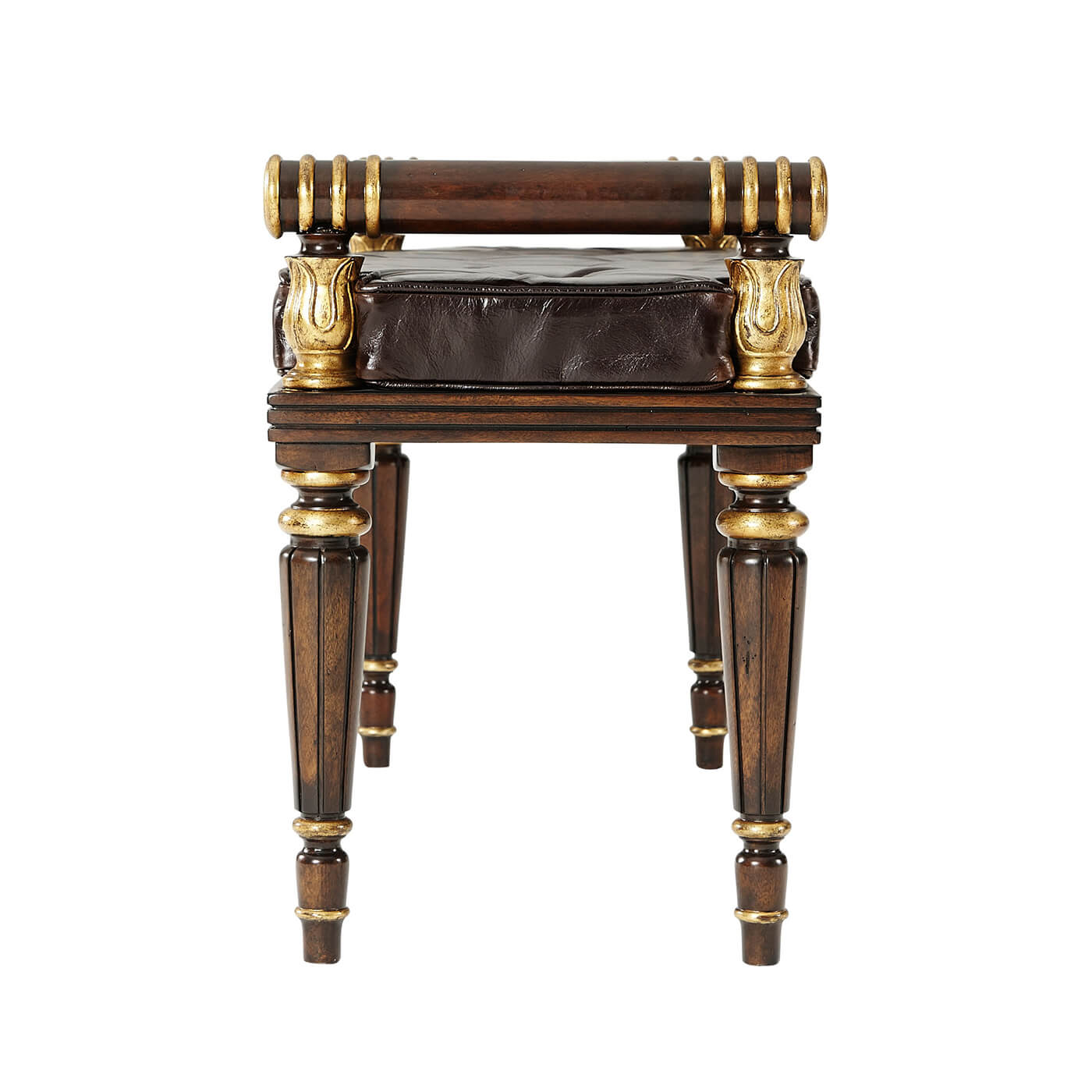 Regency mahogany bench, detailed side profile with ornate armrests.