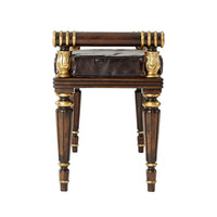 Regency mahogany bench, detailed side profile with ornate armrests.