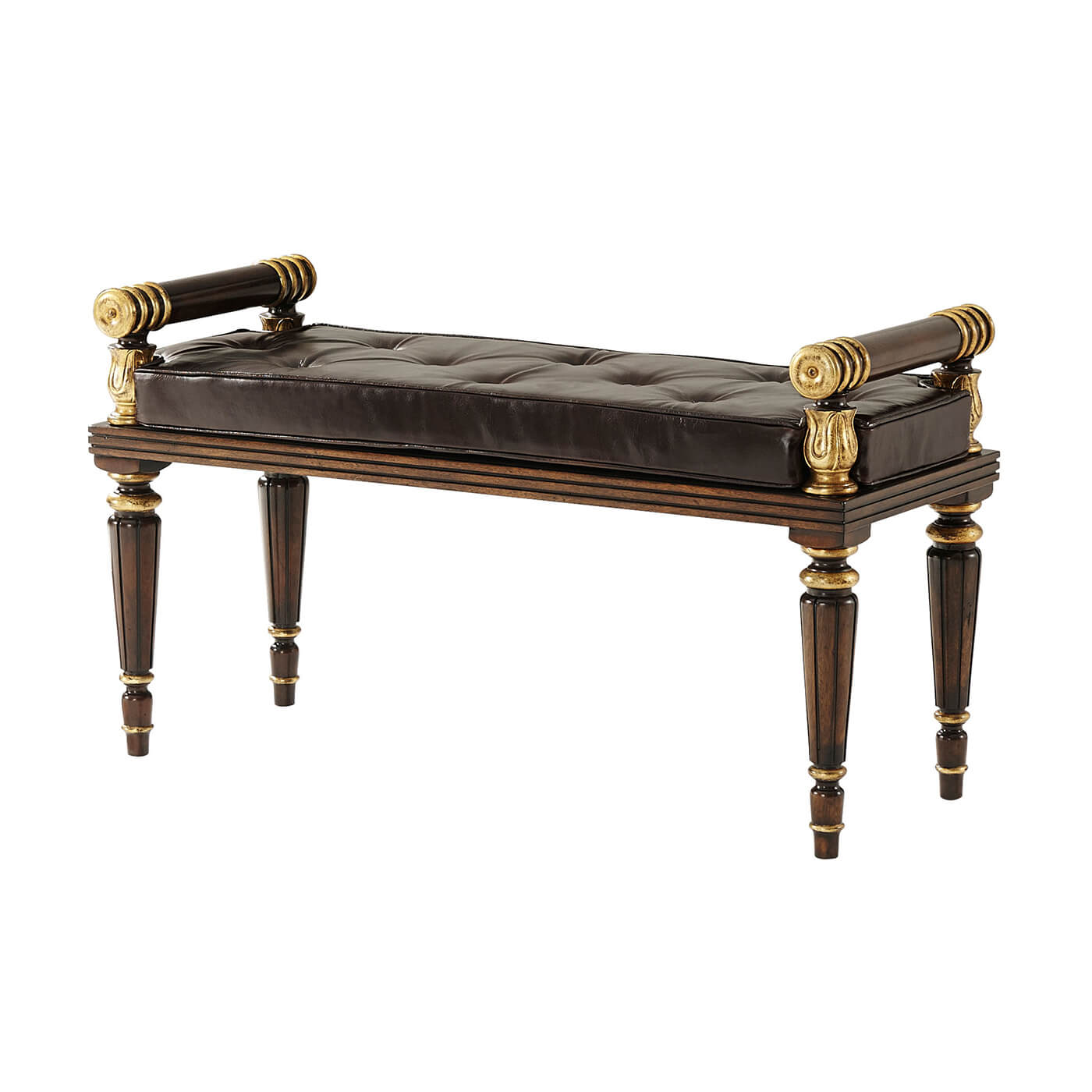 Regency mahogany and gilt hall bench, angled front view.