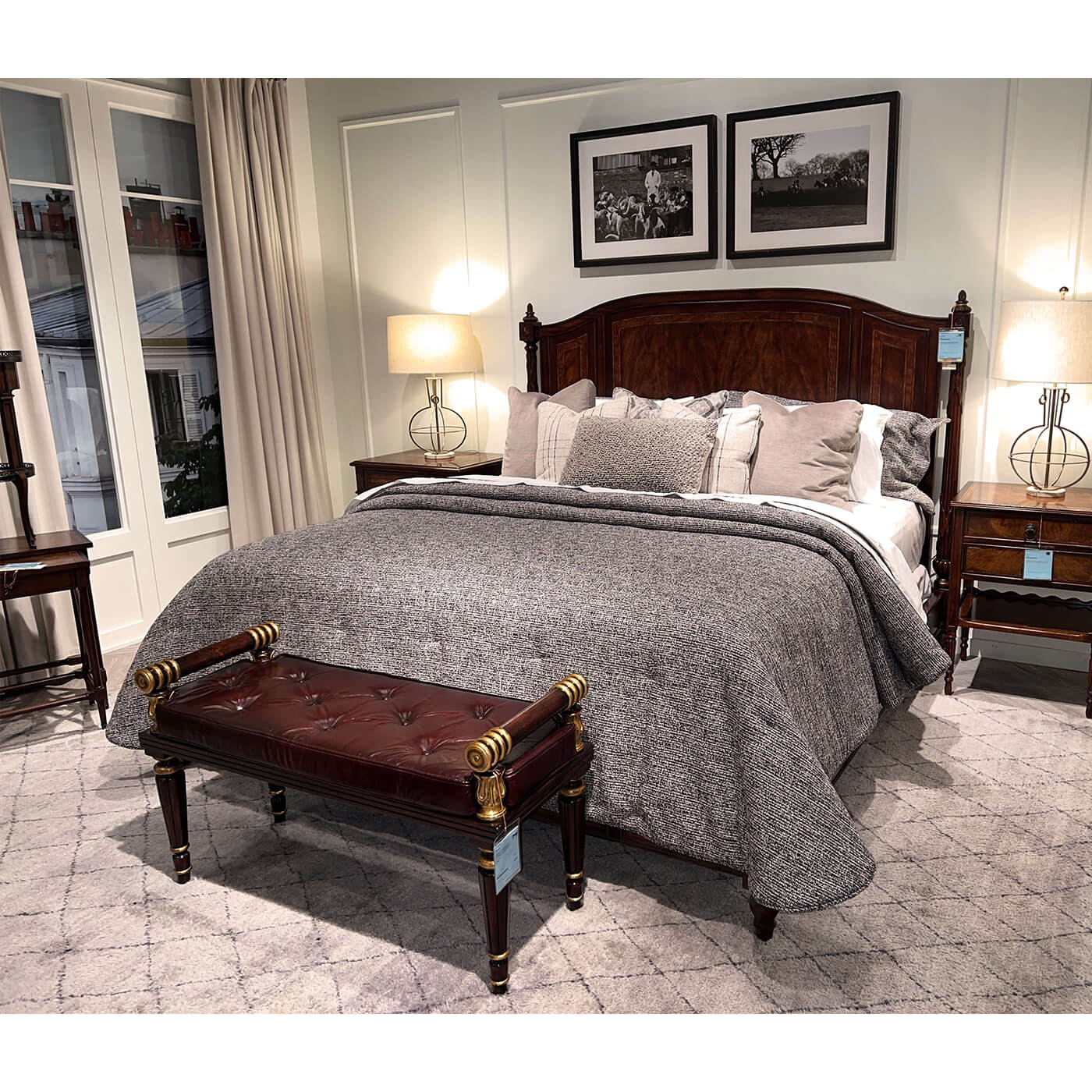 Regency mahogany bench placed at foot of bed in bedroom.