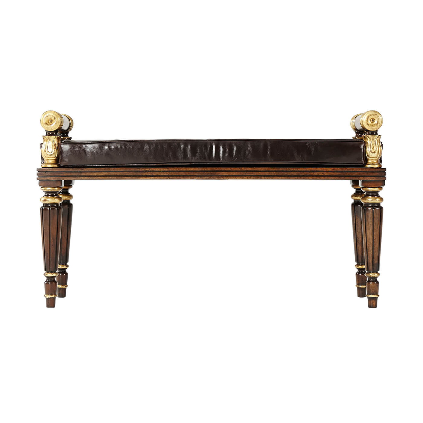 Regency mahogany bench, straight side view highlighting leg design.
