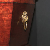 Regency mahogany cellarette, close-up of lion handle.