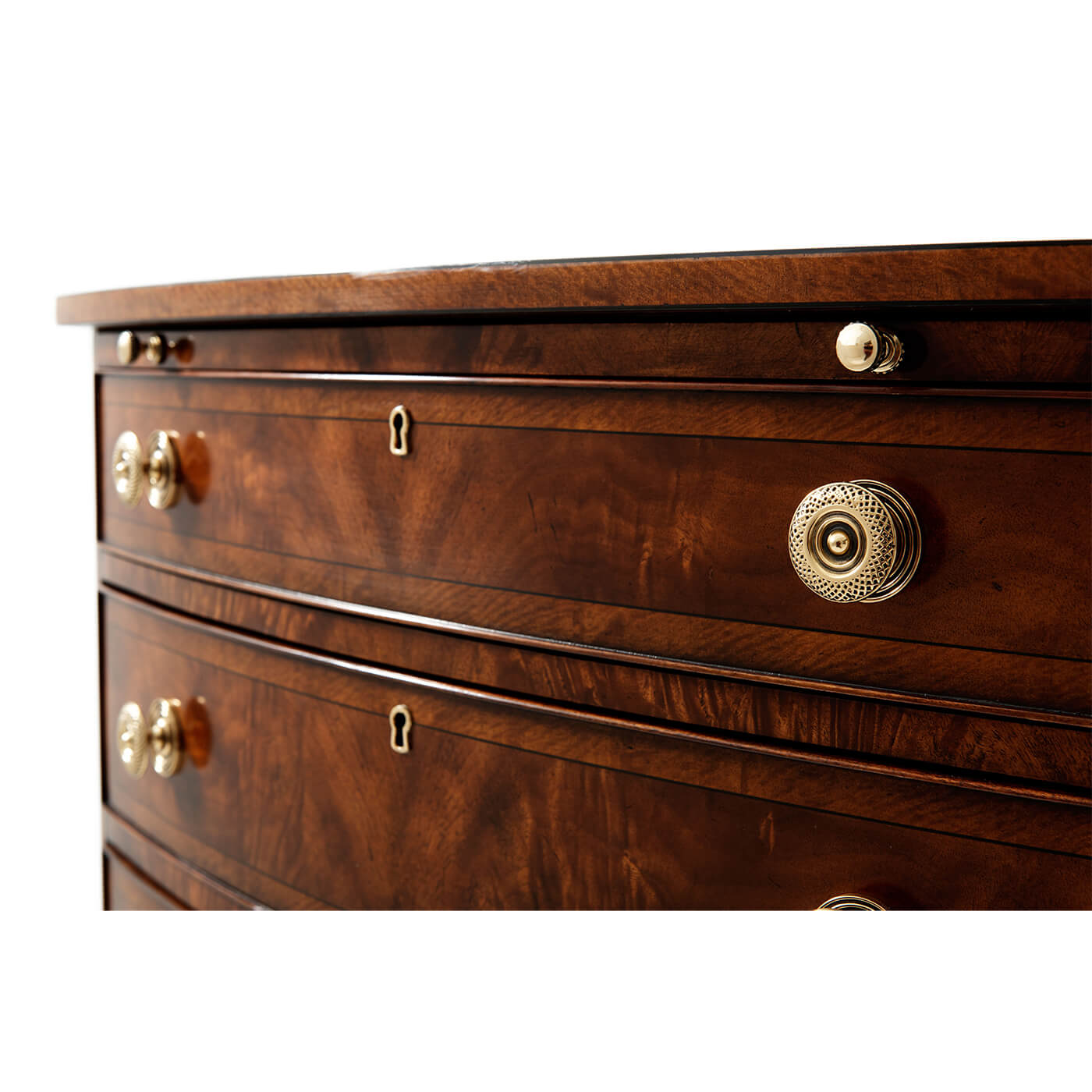 Angled view of Regency chest emphasizing drawer knobs.