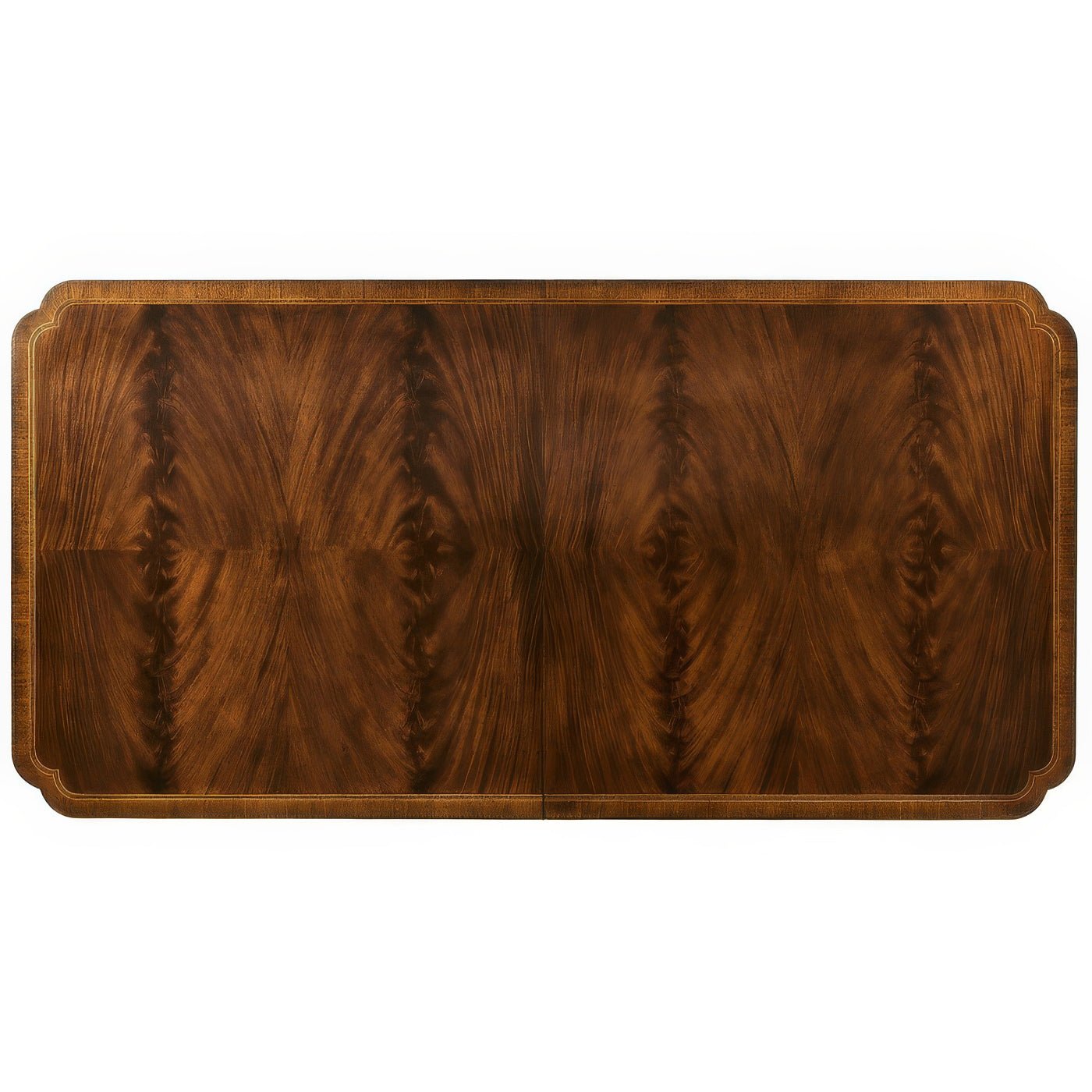 Top view of mahogany dining table, wood grain design.