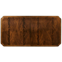 Top view of mahogany dining table, wood grain design.