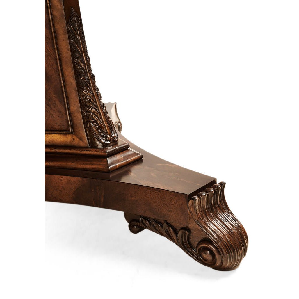 Dining table pedestal base, carved mahogany detail.