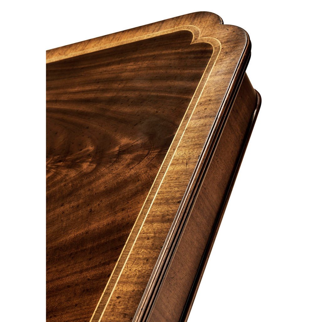Close-up of dining table corner detail, mahogany wood.
