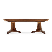 Side view of mahogany dining table, double pedestal.