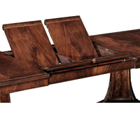 Dining table extension mechanism, mahogany wood panels.