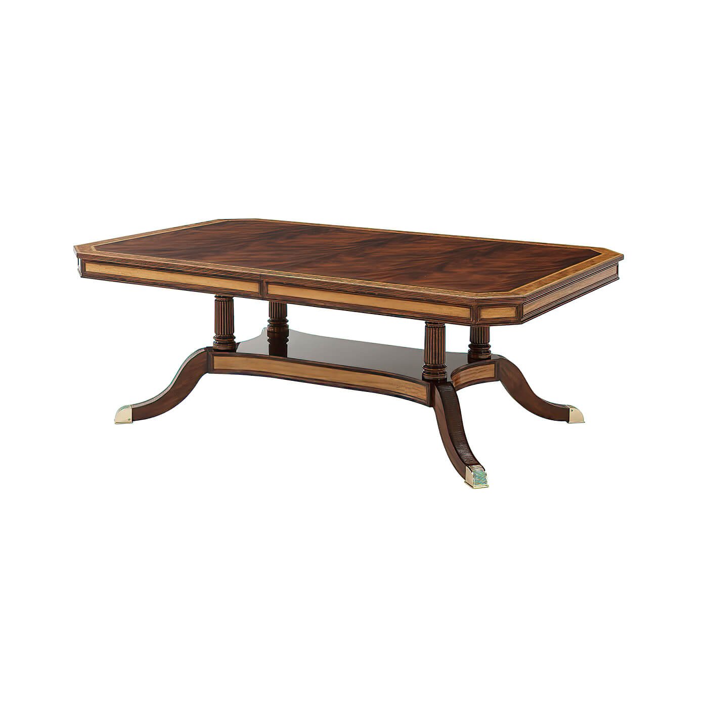 Non-extended view of mahogany extension dining table.