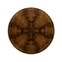 Top view of round mahogany end table design.