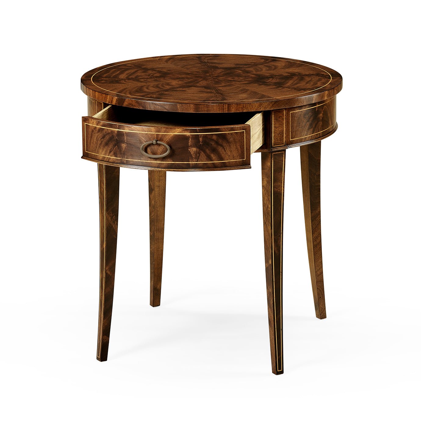Mahogany end table, drawer partially open, angled view.