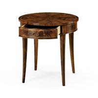 Mahogany end table, drawer partially open, angled view.