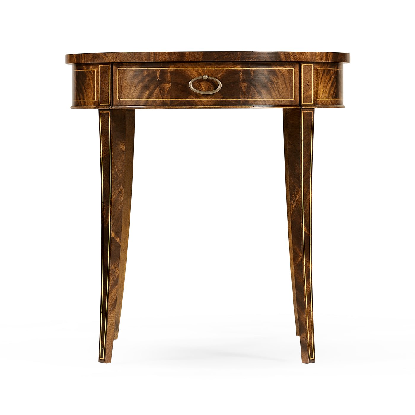 Front view of mahogany end table with drawer.