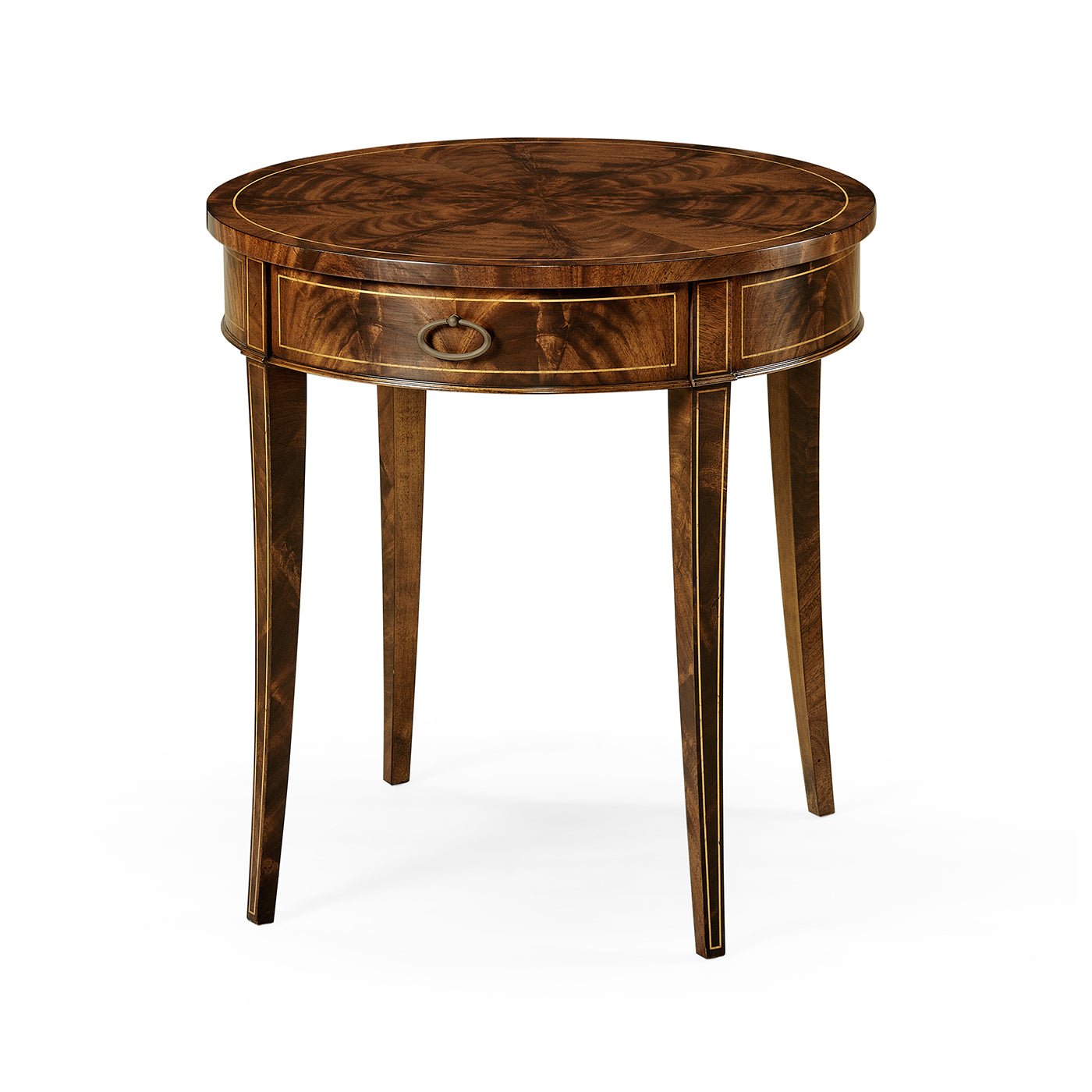 Round mahogany end table, angled front view.