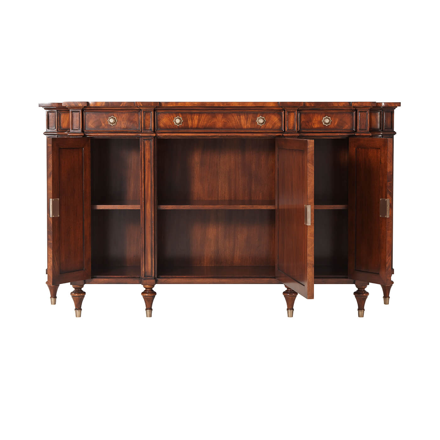 Regency mahogany side cabinet with open doors.