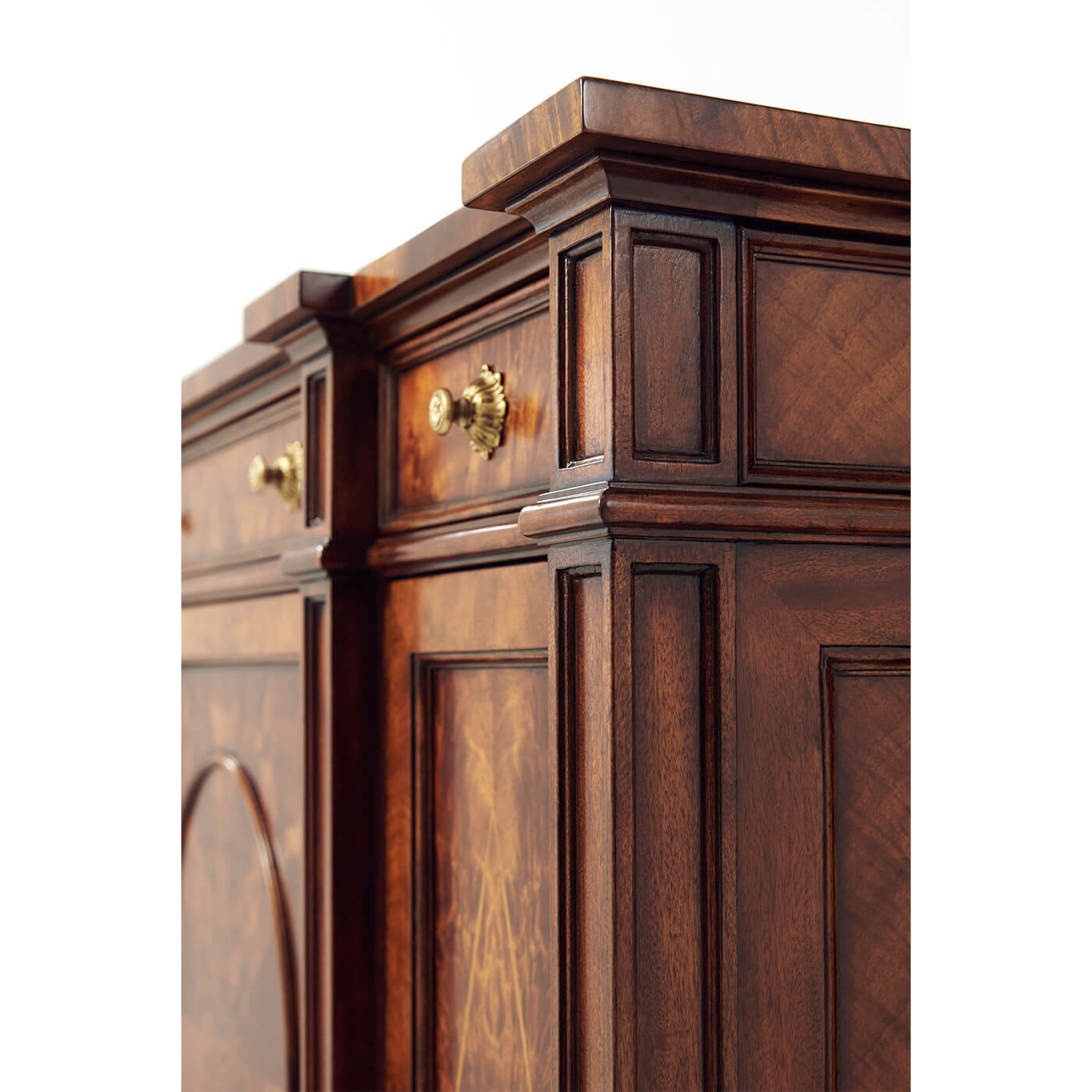 Corner detail of Regency mahogany side cabinet.