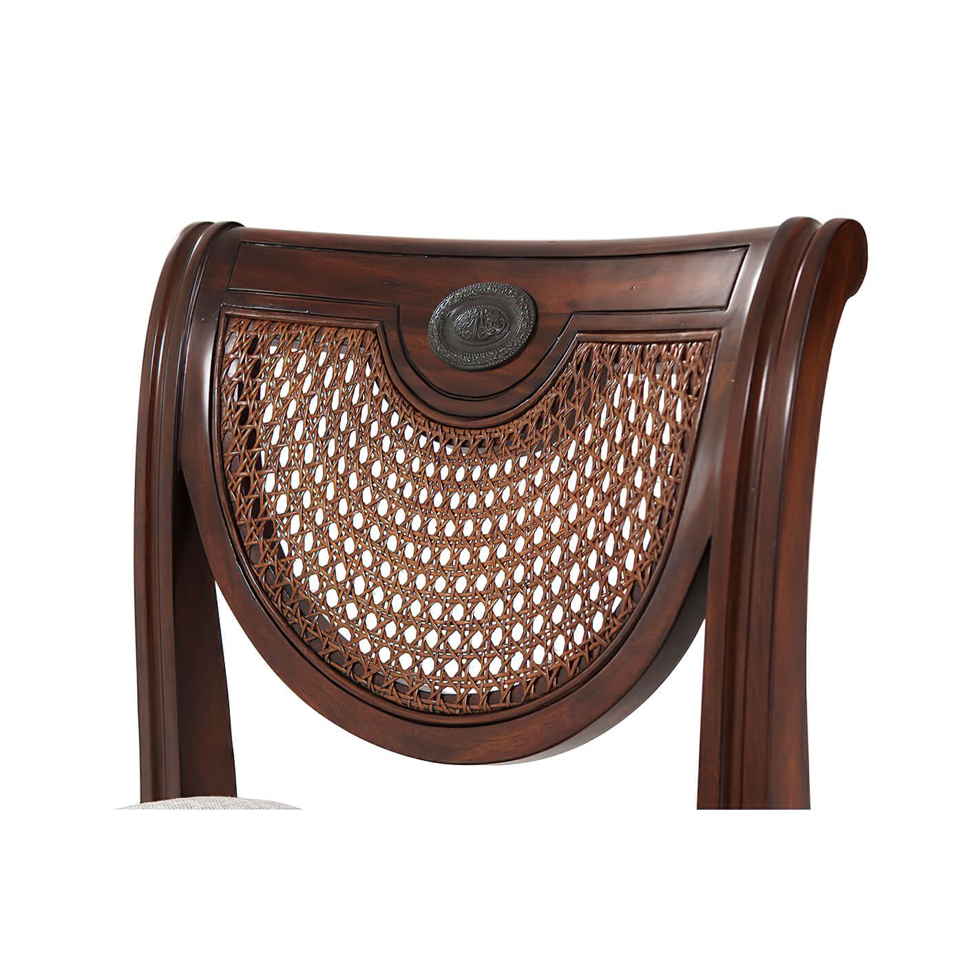 Close-up of Regency Mahogany side chair curved backrest.