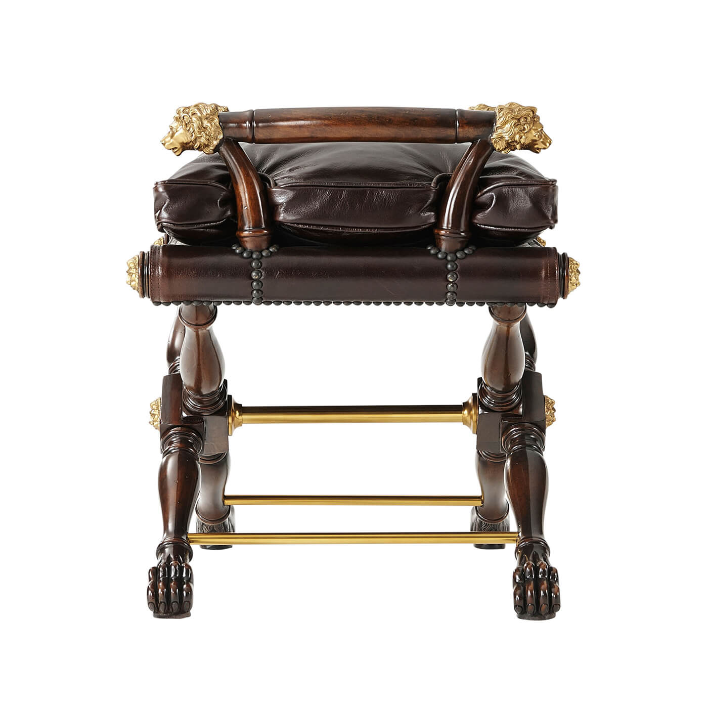 Side profile of regency mahogany stool with gold accents.